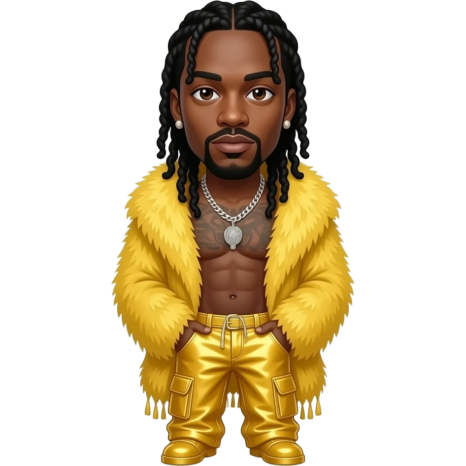 Busta Rhymes with dark brown eyes, long black hair, yellow fur shawl, yellow metallic baggy pants, shirtless with necklace and earrings emoji