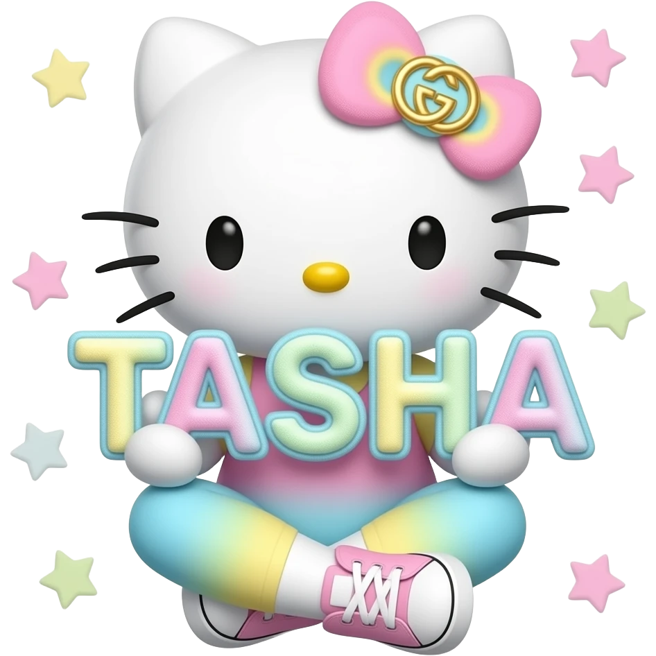 4D Velvety fur texture hello kitty wearing ombre white and blue and pink and yellow ombre pastel colored leggings and sneakers, and with the Gucci symbol on her ombre pastel bow sitting down holding the velvety 3D outlined letters TASHA and surrounded with tiny ombre pastel stars made of candy emoji