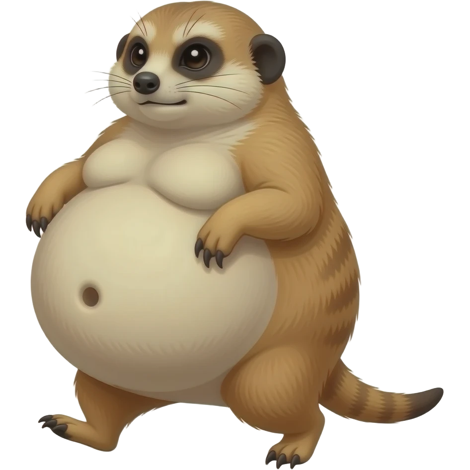 A female Meerkat now wants to give a try to walk,but with her full belly so big she has to hold it up off the ground,it is a guessing game if she is gonna all the way home ,but she knows she is just fat,her bellybutton makes agreement with clues. emoji