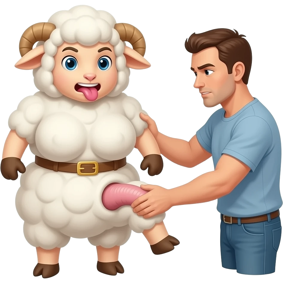 Sheep plush with big breasts and wide thighs with tight waist and puffy lips aggressively jerking off a man’s penis giving him a massage emoji