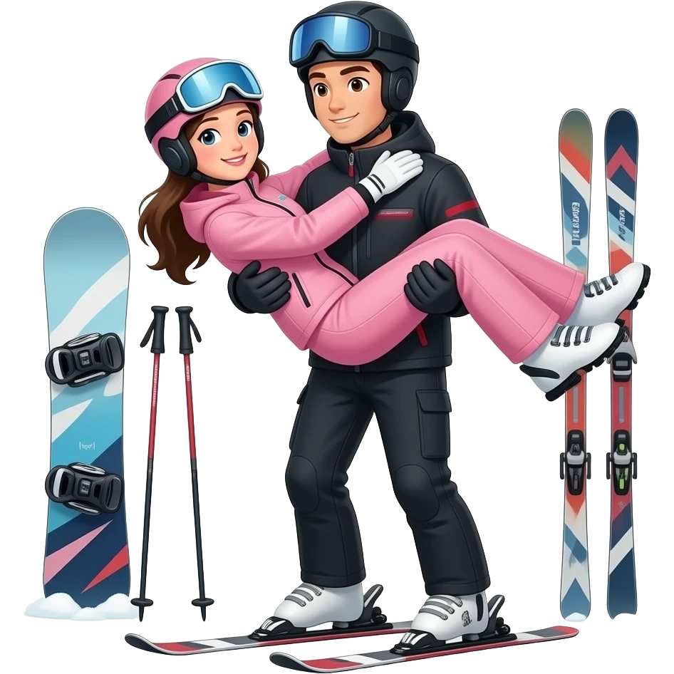 滑雪场全身合影，酷酷的黑雪服亚洲滑雪帅哥公主抱起脏粉色滑雪女友摆出pose。二人都是i专业滑雪装备，身后是单板和双板 emoji