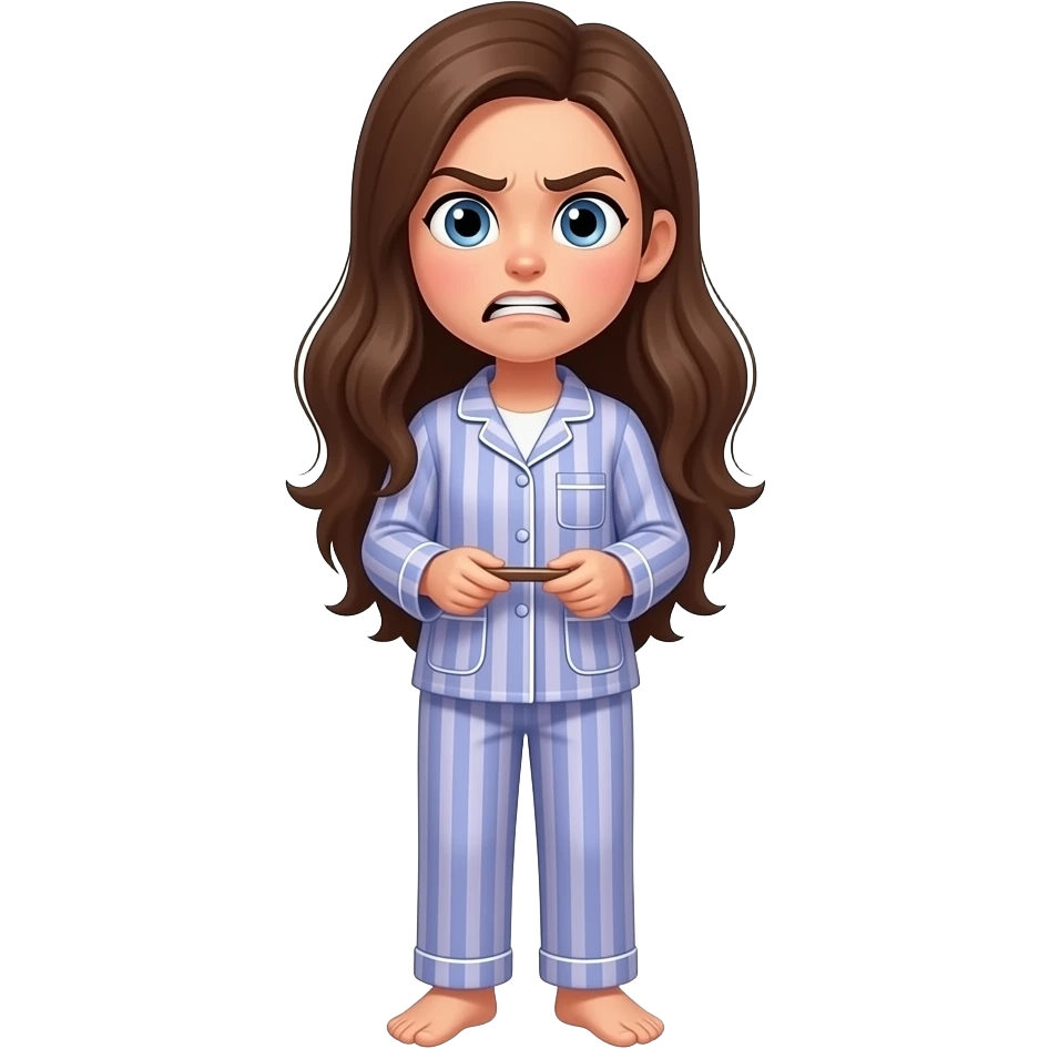 teenage girl long hair in pjs standing up mad expression full body holding something emoji