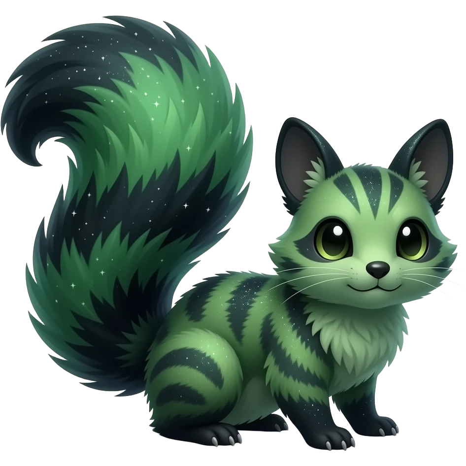 Hyper-realistic forest-hunger-green-emerald-green-onyx-black-gradient velvet fur soaked in starlight glitter and shadow gradients beautiful elegant pretty precious cute Fakémon-Pokémon-opossum-Lykoi-genet-civet-serval-caracal-chinchilla-Furret-hybrid-creature with a big fluffy bushy tail (full body) emoji