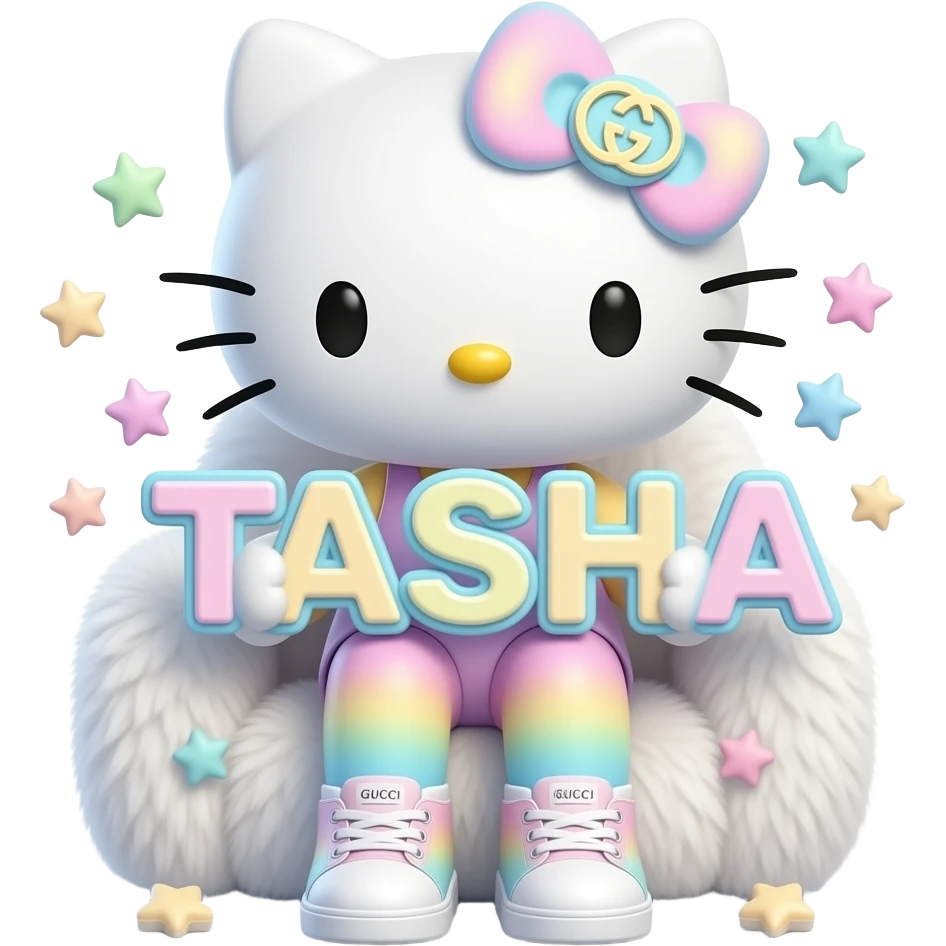 4D Velvety fur texture hello kitty wearing ombre white and blue and pink and yellow ombre pastel colored leggings and sneakers, and with the Gucci symbol on her ombre pastel bow sitting down holding the velvety 3D outlined letters TASHA and surrounded with tiny ombre pastel stars made of candy emoji