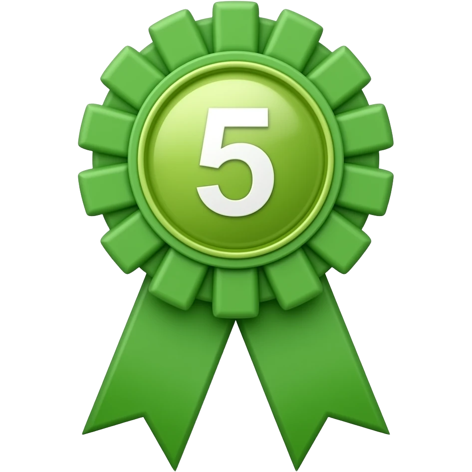 a fifth place green ribbon with a  smaller round top with a smaller 5 in the middle emoji