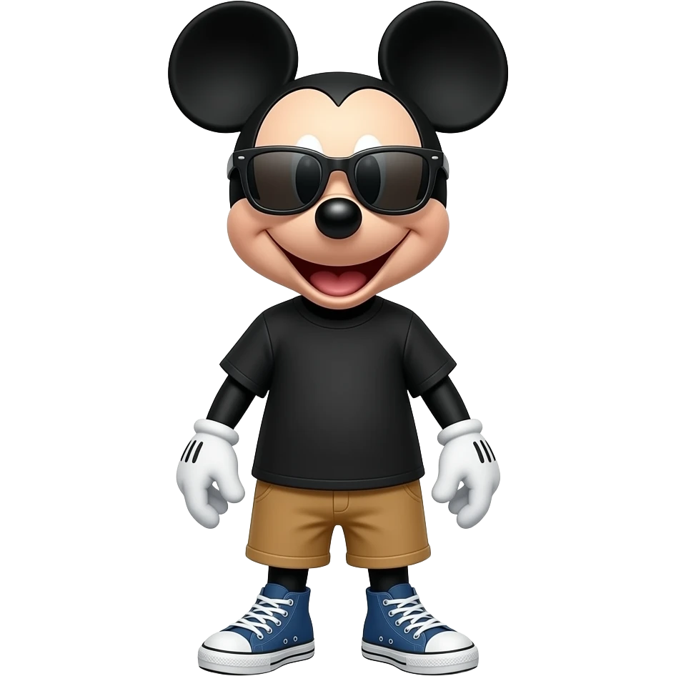 Mickey Mouse wearing large black T-shirt, tan shorts and blue Converse All-Star shoes, Cool dark sunglasses, smiling happily. emoji