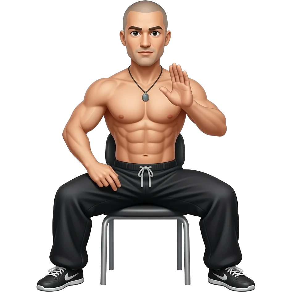 Chair Tai Chi, muscular, no shirt, bald emoji
