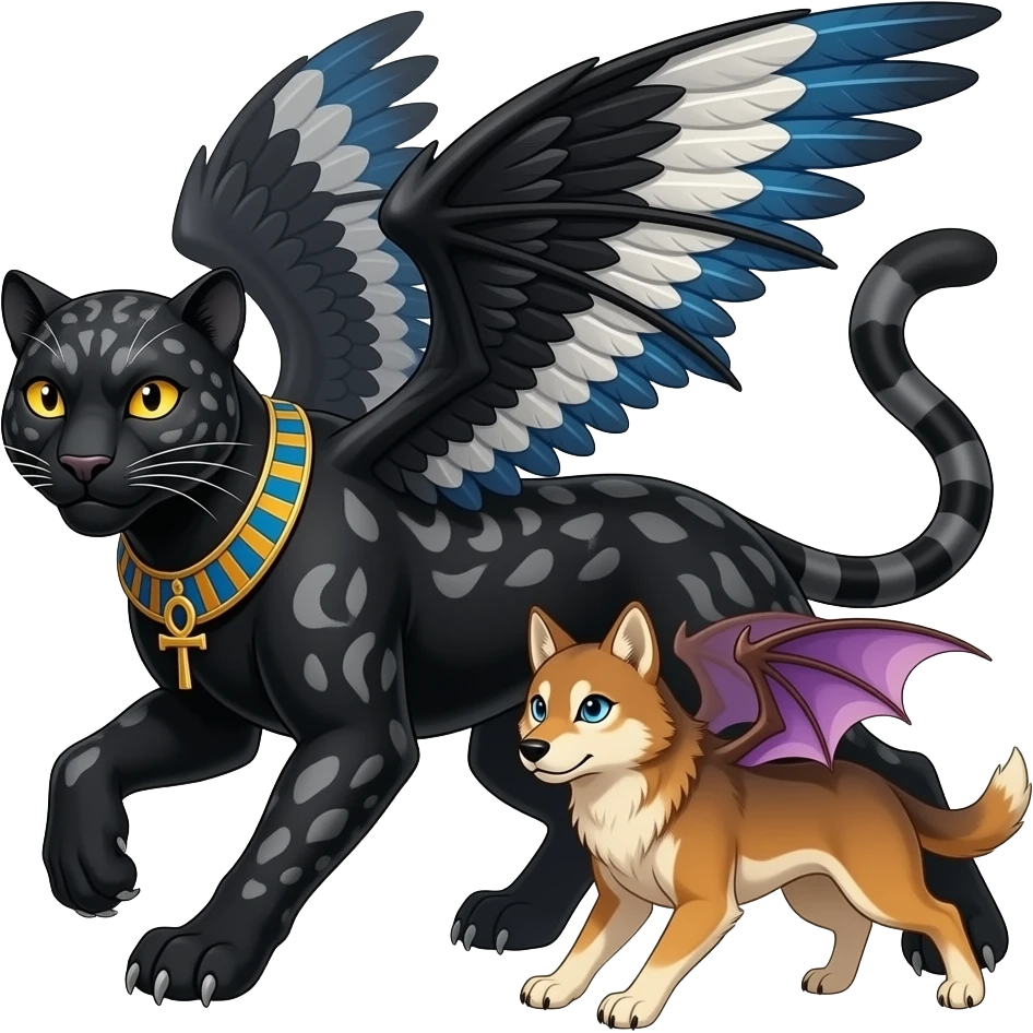 an egyptian black panther playfully crouching with dark grey markings in its black fur and golden yellow eyes. an ankh necklace around its neck. Leaping at a russet brown wolf with black white and blue crow wings and orange eyes and a tan wolf with small purplish draconic succubi wings and blue eyes emoji