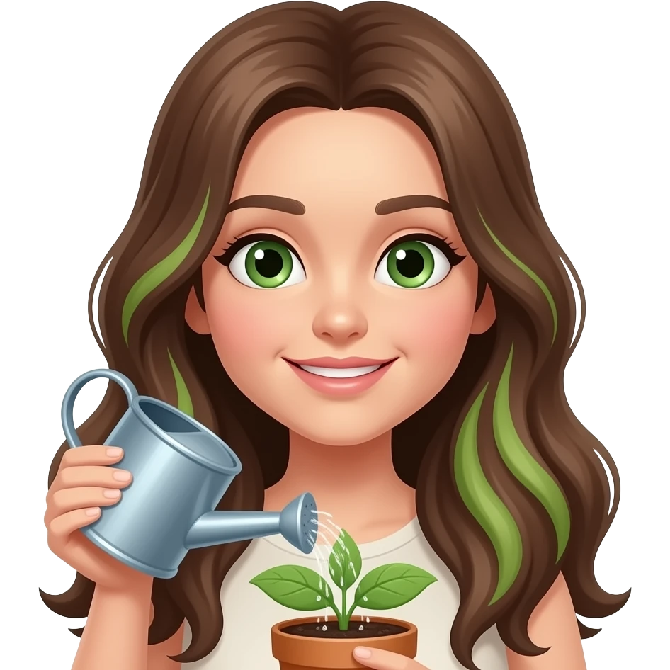 long brown hair with highlights green eyes watering plant emoji