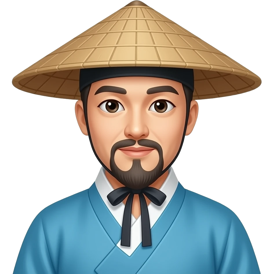 한국의 갓을 쓰고 하늘색 한복을 입은 선비 emoji
