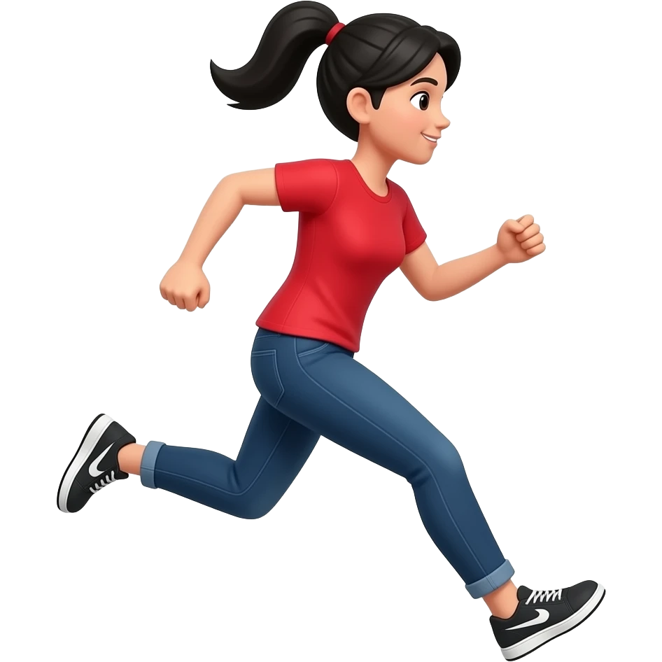 woman with black hair and red shirt running emoji