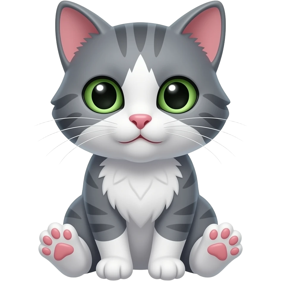 A sitting pale gray kitten with green eyes, a pink nose, and pink paw pads. emoji