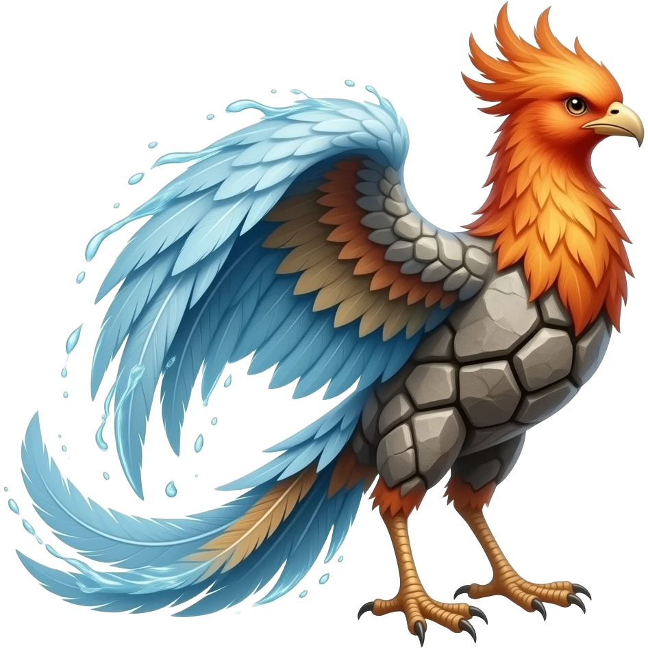 A realistic phoenix with long tail feathers made of water on one side and Earth and Stone on the other side facing the viewer. emoji