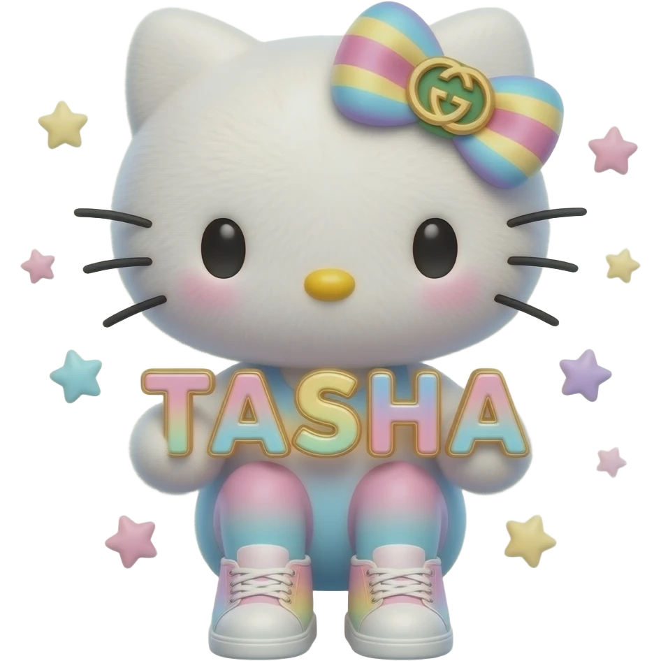 4D Velvety fur texture hello kitty wearing ombre white and blue and pink and yellow ombre pastel colored leggings and sneakers, and with the Gucci symbol on her ombre pastel bow sitting down holding the velvety 3D outlined letters TASHA and surrounded with tiny ombre pastel stars made of candy emoji