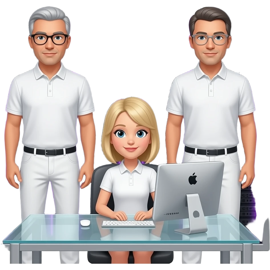 background is a silver server cabinet with purple lighting, in the foreground is a glass table and an imac computer, two men are standing, gray hair, black glasses, black hair, silver glasses, dressed in white pants and a polo shirt, a blonde girl is sitting at the table, emoji