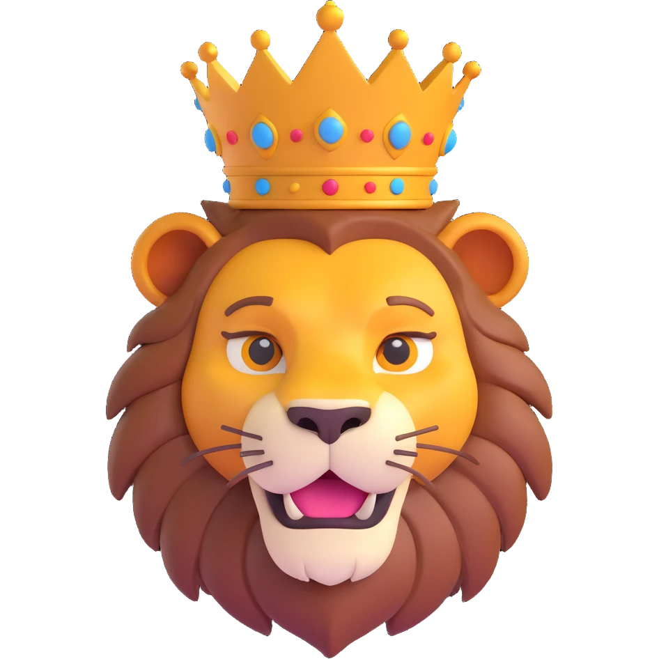 3D style lion head with a crown, cartoonish, friendly expression emoji