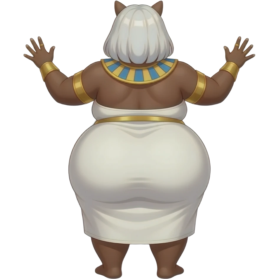 African Anime extremely fat big booty a white hair female creature cosplaying Egyptian girl showing back her buttocks with putting her hands behind the wall with her white dress emoji