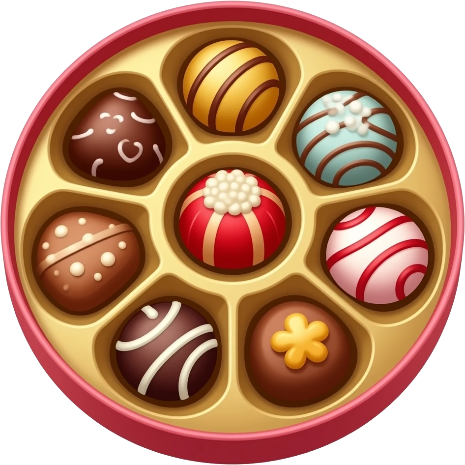 A valentine day circle box of chocolate open with chocolates inside emoji