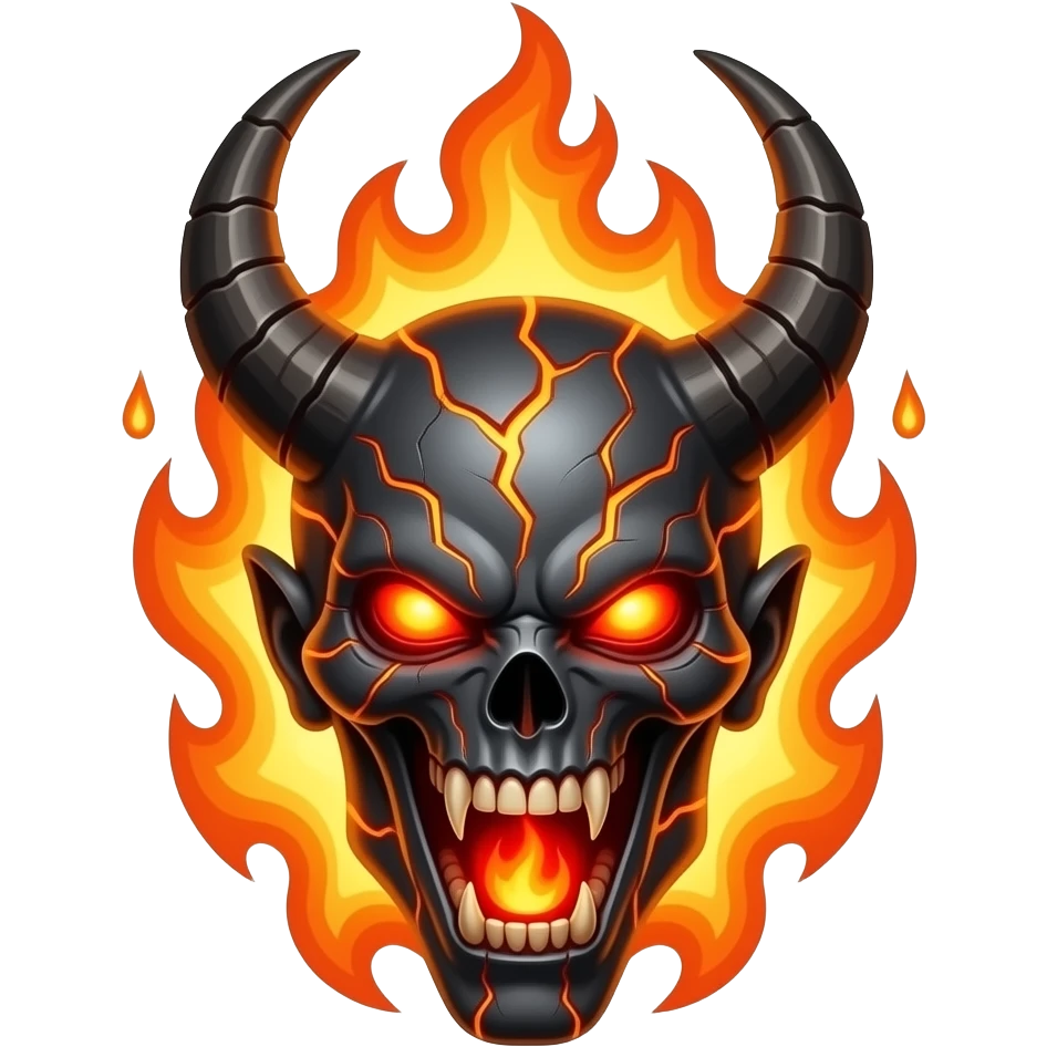 A demonic head in fire, glowing with fiery cracks. It suddenly opens, releasing red flames and dark energy emoji