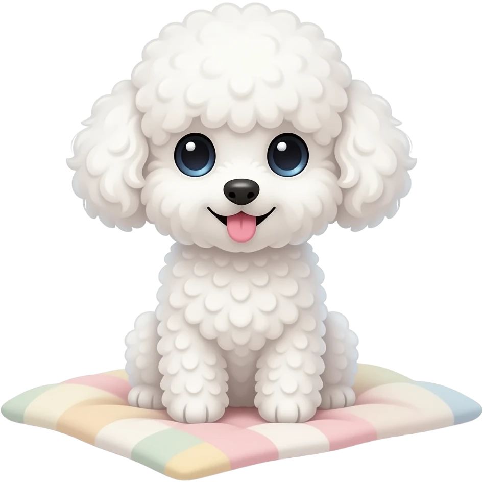 A cute fluffy white toy poodle sitting on a soft pastel blanket, huge sparkling eyes, curly fluffy fur, tiny pink tongue sticking out, cozy warm lighting, ultra adorable expression, detailed fur texture, soft shadows, kawaii aesthetic, high quality, centered composition emoji