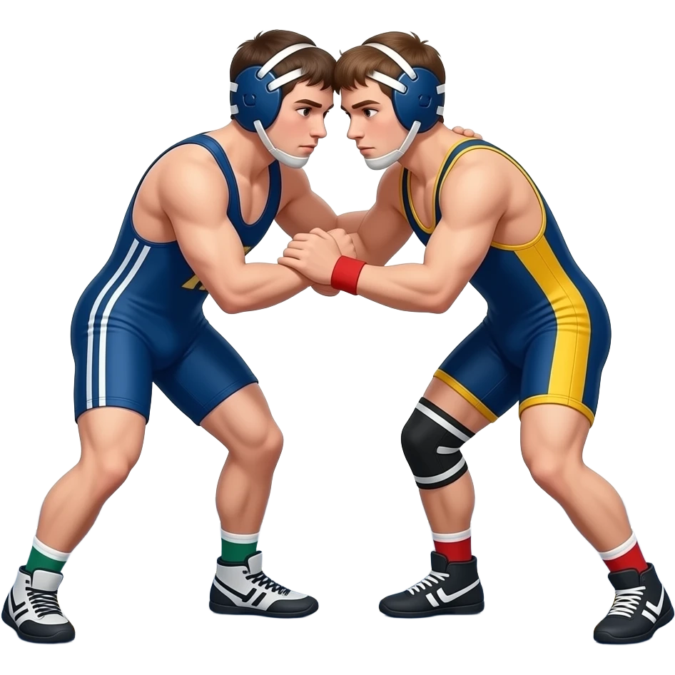 Erstelle ein Bild von zwei Uni-Wrestler in kurzen, knappen und engen Wrestler-suits, die beiden haben unterschiedlich Farben an und sie ringen miteinander auf dem Boden emoji