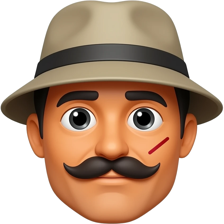 Man in bucket hat with a scar on the right side of his face and he also has a moustache and eyes look drained The man is an emoji orange emoji