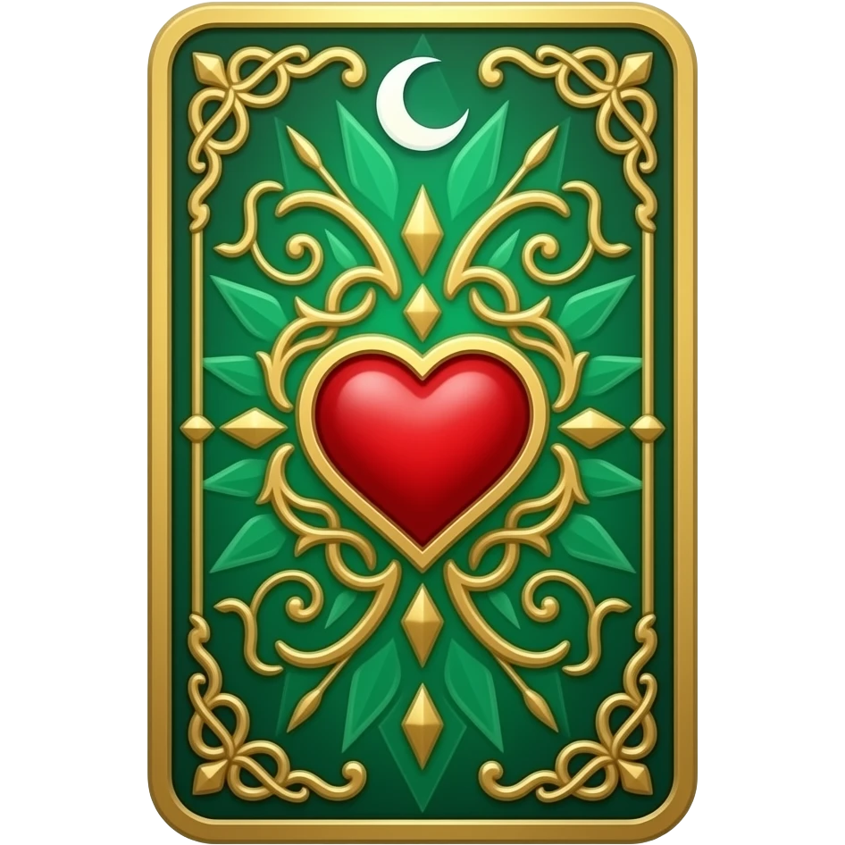 emerald green tarot card with red heart and white moon, beautifully embellished and ornamented emoji