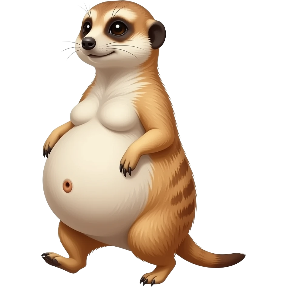 A female Meerkat now wants to give a try to walk,but with her full belly so big she has to hold it up off the ground,it is a guessing game if she is gonna all the way home ,but she knows she is just fat,her bellybutton makes agreement with clues. emoji