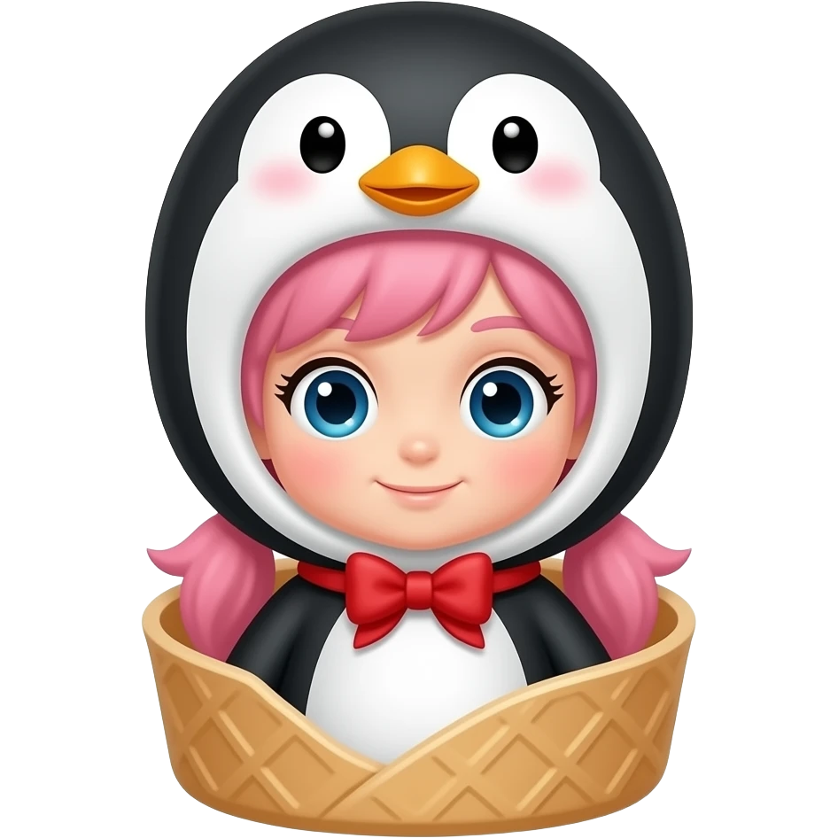 Criar imagem de uma criança menina fantasiada de pinguim  dentro de uma casquinha de sorvete emoji