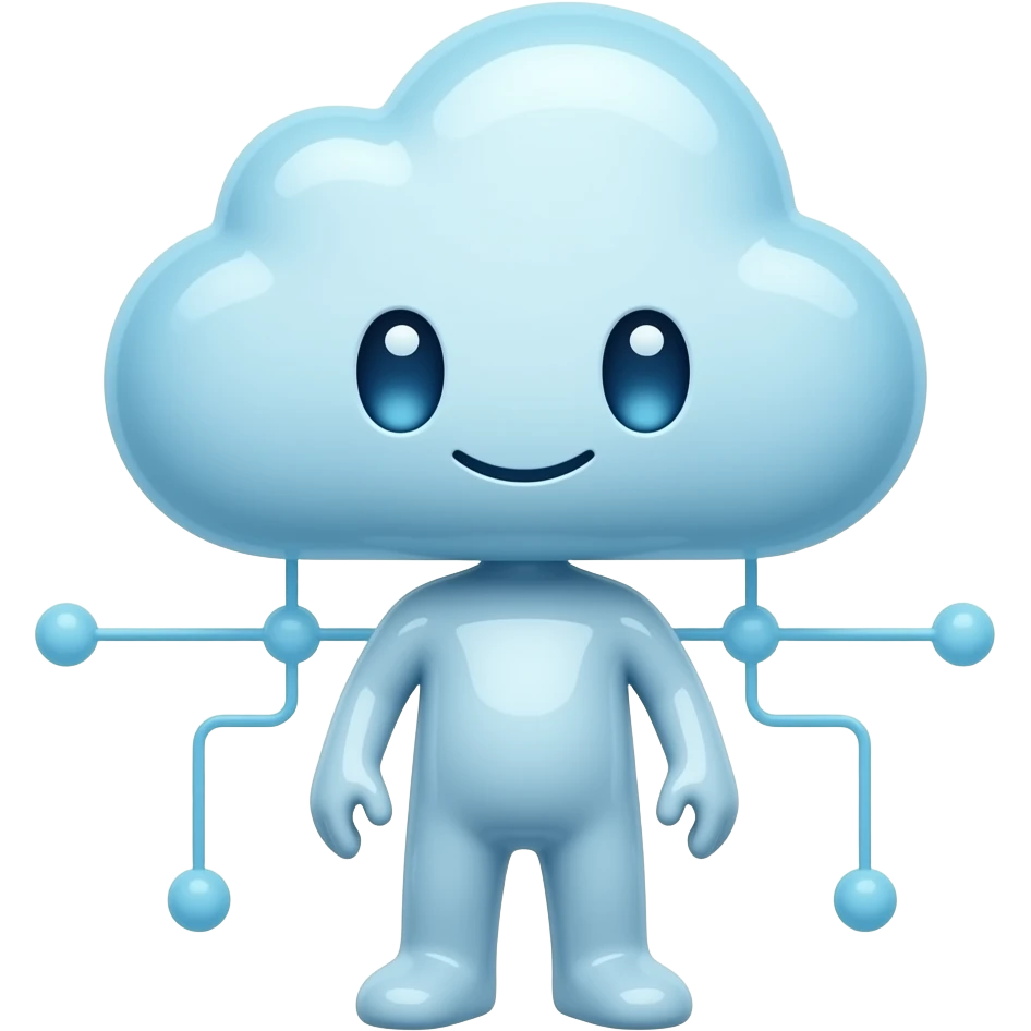Mascot representing a digital cloud computing network, smooth glowing ceramic surfaces, geometric shape, full body. emoji