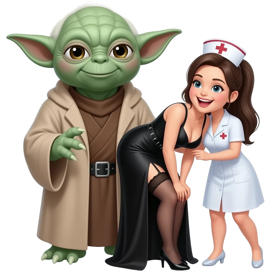 6 foot tall Yoda standing behind a pony  tailed nurse smiling with open mouth, wearing a garter belt, long black dress.Nurse  has DD breasts slit down side of dress bending g over lap emoji