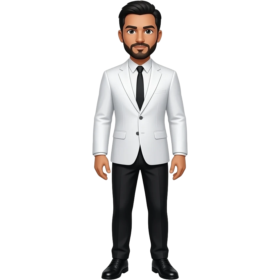 A Caucasian american man with a black short hair, black stubble beard, long sleeve white suit with a black tie, black pants with black shoes, emoji