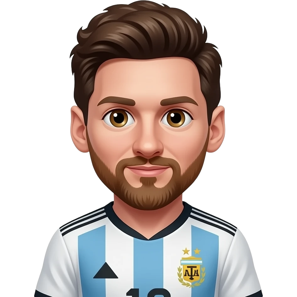 Messi emoji avatar, front-facing, Argentina jersey, cute cartoon style. With a fair curly hair and a moustache emoji
