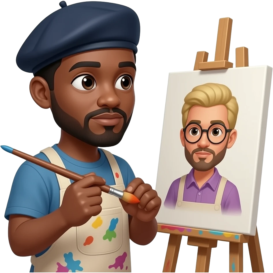 black male artist with beret paint-splattered smock holding a brush emoji