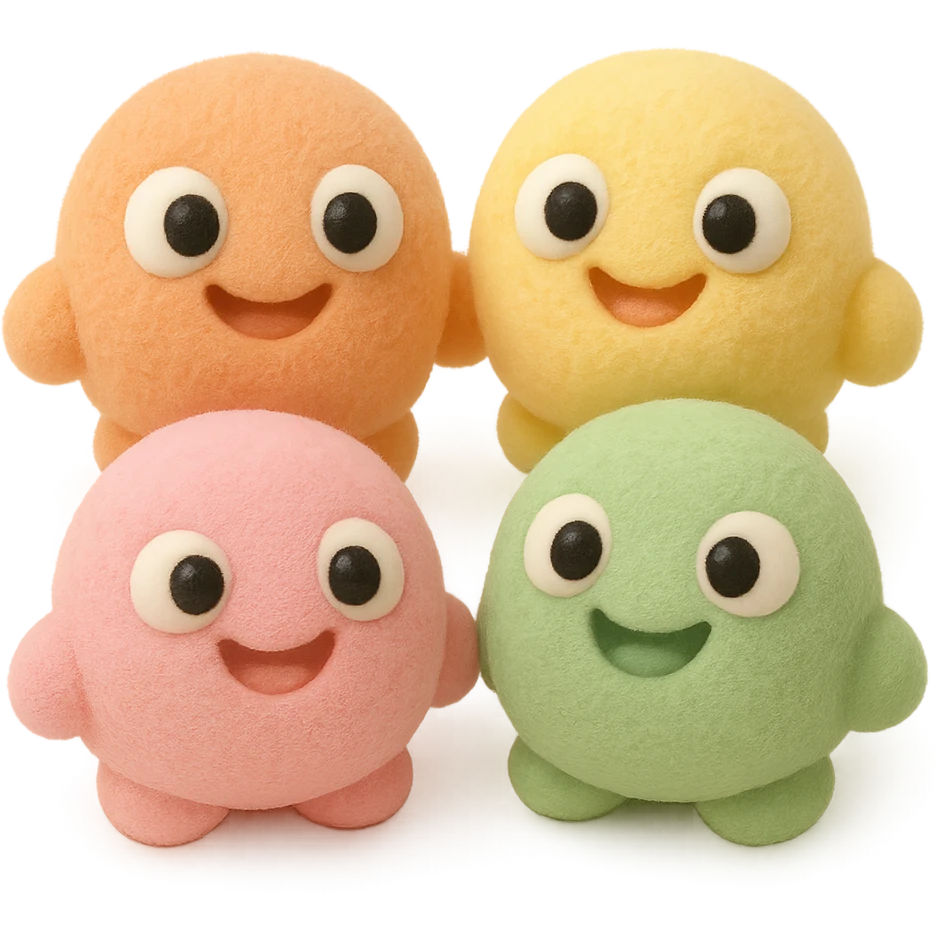 group of cheerful boopers, small round colorful creatures with big eyes and happy expressions, soft plush style emoji