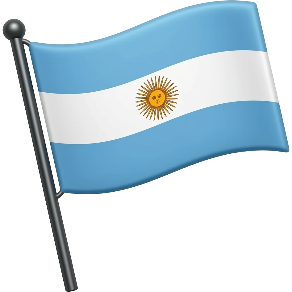 Cute flat emoji of the Argentine flag on a black pole, tilted in 3/4 angle like the reference, waving to the upper right, simple vector style, rounded shapes, transparent background. emoji