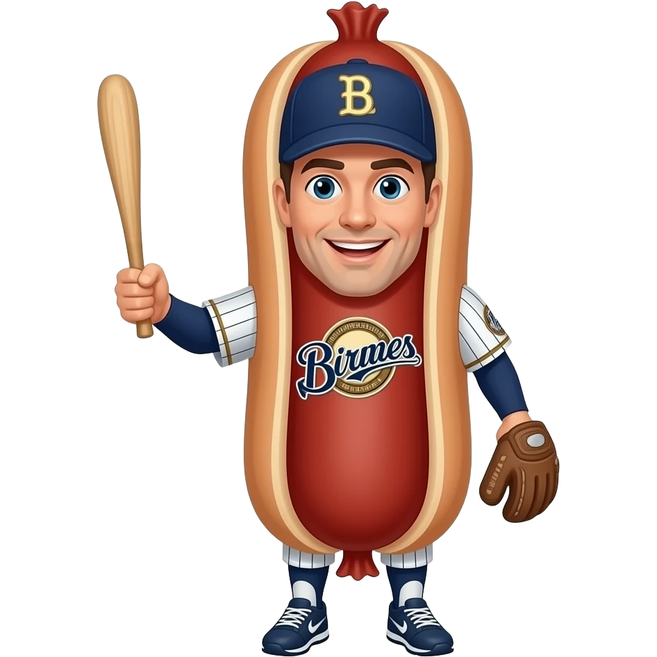 Baseball player in a sausage costume that says Milwaukee Brewers emoji