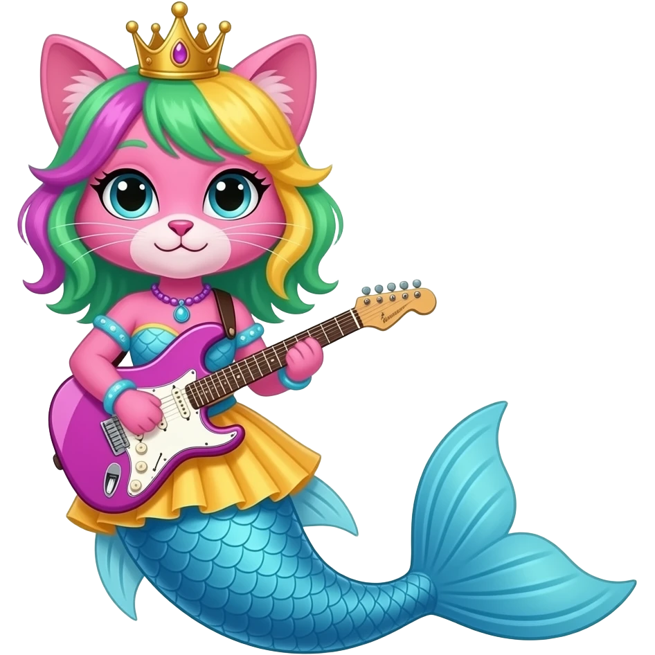 pink anthro cat with pink and green and yellow hair golden crown with light purple necklace light cyan braclets cyan and pink and yellow dress with attached to cyan and light blue mermaid tail with dark blue fins holding a guitar emoji