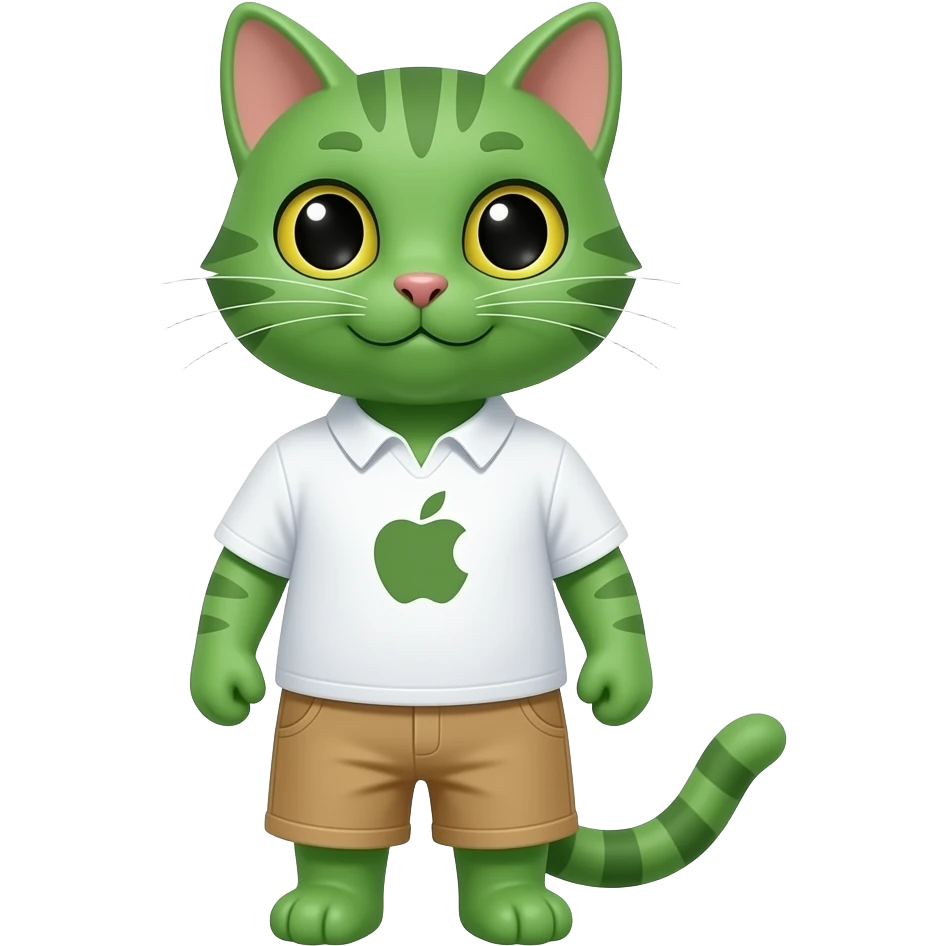 green cat wearing a white shirt with the Apple logo on it with some tan shorts emoji