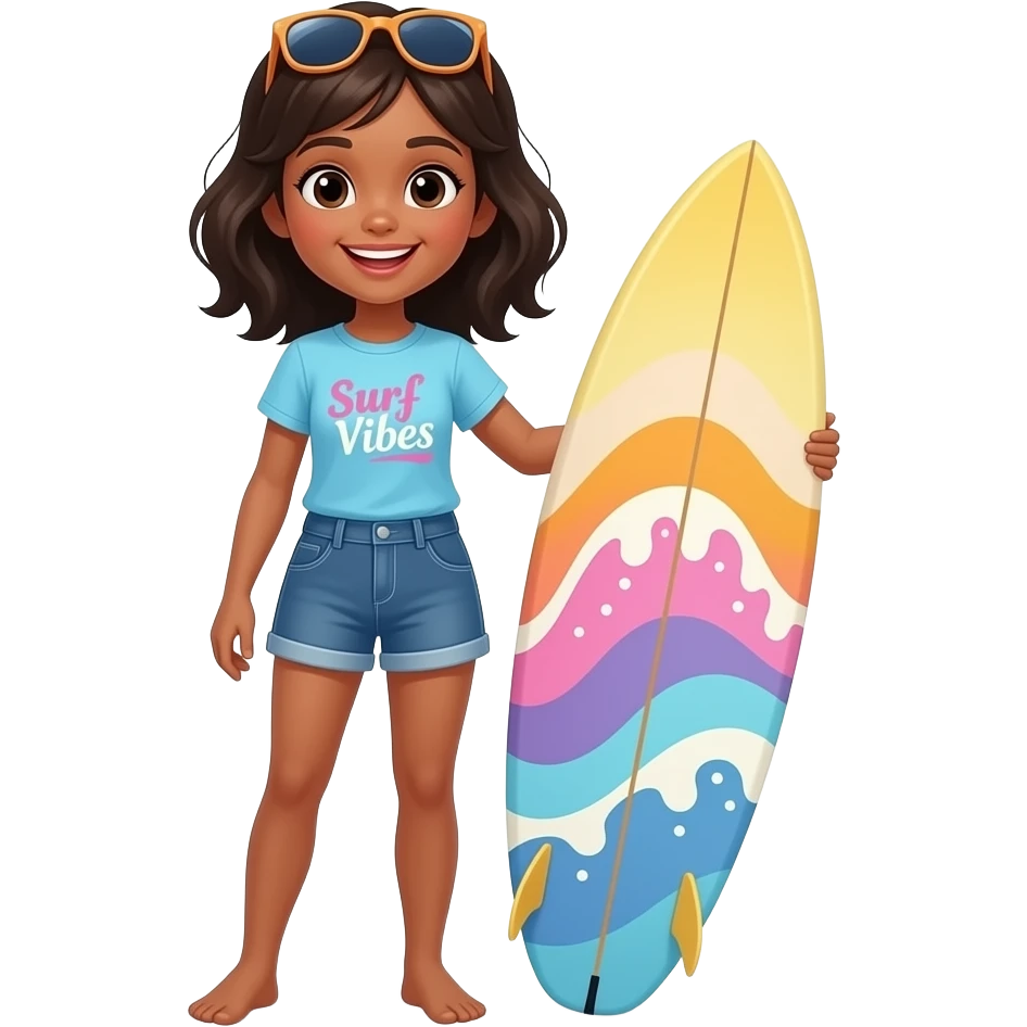 A 3D render of a young girl with dark hair and brown skin, wearing a light blue t-shirt with "Surf Vibes" printed on it, denim shorts, and sunglasses perched on her head. She is standing and holding a colorful surfboard with pastel waves. The background is plain white. emoji