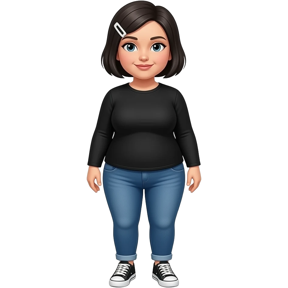 White woman with black short hair, white hair clip, black long sleeve shirt, jeans, white and black sneakers, and a chubby body emoji