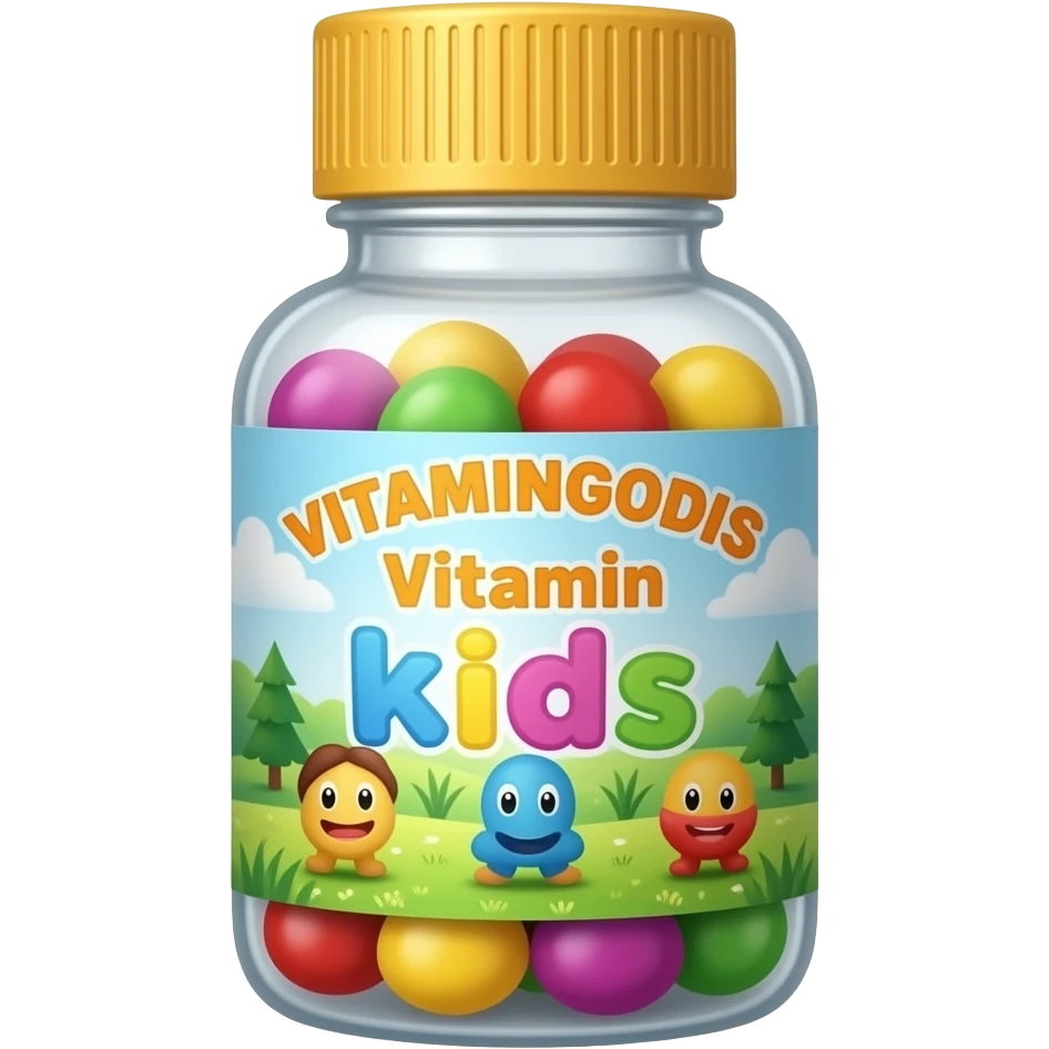 bottle with vitamin gummies för kids with a label on it that says "VITAMINGODIS" emoji