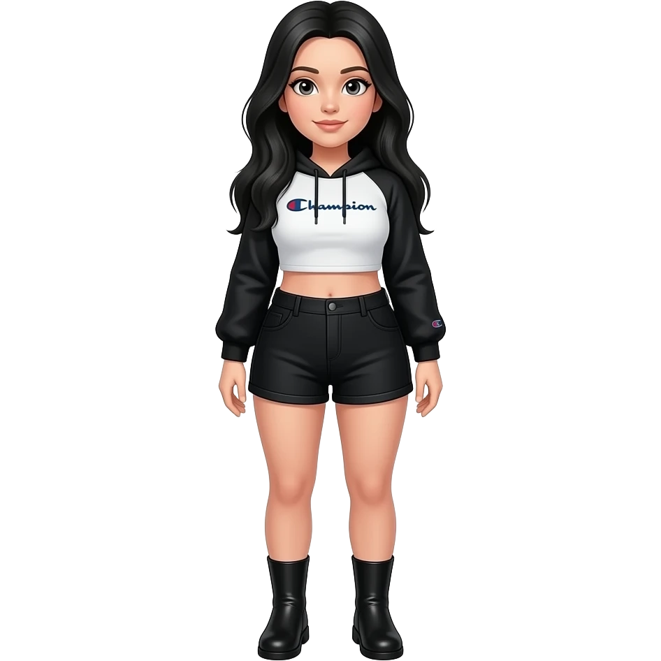 White girl with long black hair, black and white cropped champion hoodie with black arm sleeves, black high shorts, black plain boots, and a bit of a chubby body emoji