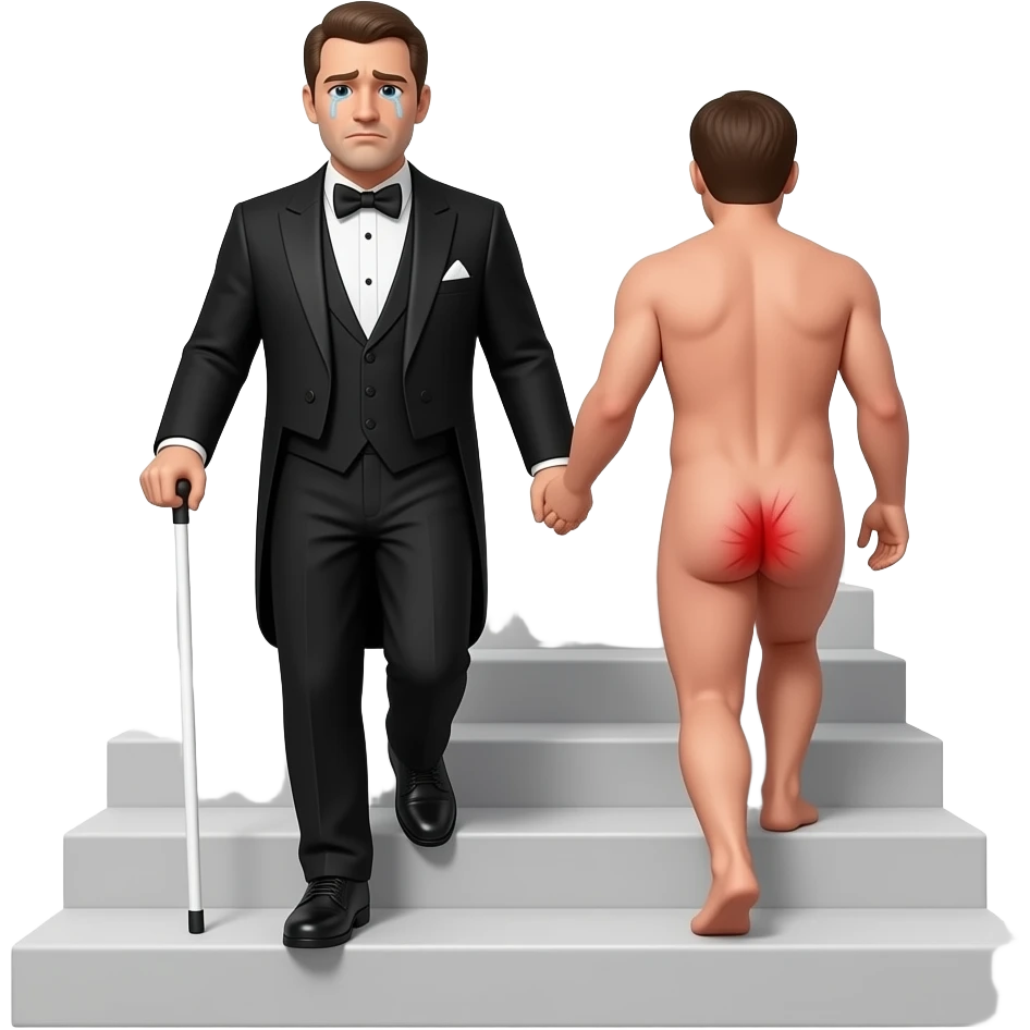 A stern clothed man with a thin whippy cane is leading by the hand and dragging behind him, a reluctant, crying, naked man up a flight of stairs, walking up towards the top,by the ear, his red buttocks are very bruised. emoji