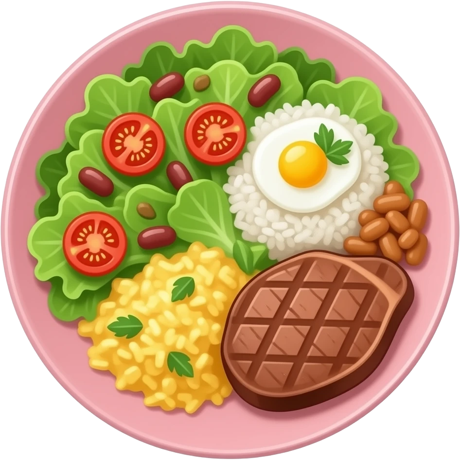 Prato de comida de porcelana rosa bebe bem fitnees, com salada de alface e rodelas de tomate cereja, arroz, feijão, ovo mexido e bife emoji