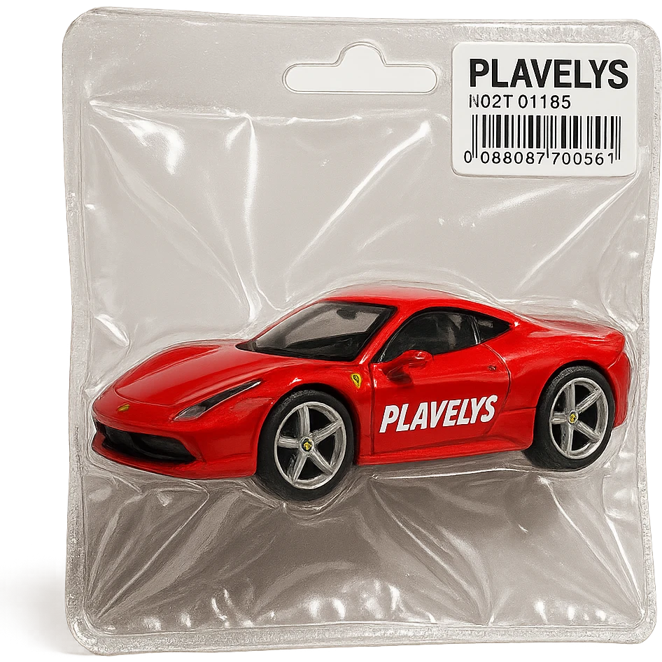 red Ferrari car with the word 'PLAVLEYS' on the side, inside a Hot Wheels style blister package, glossy and puffy, no background emoji