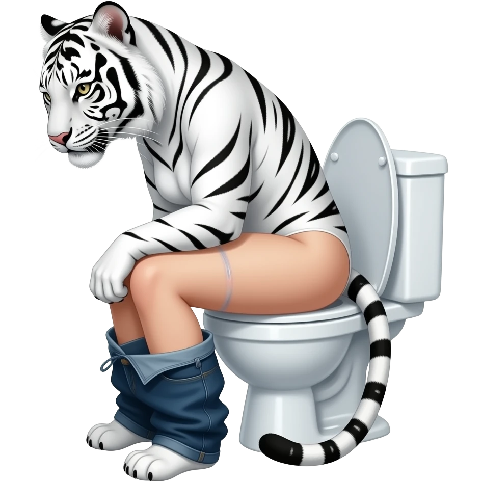 Female white tiger furry person woman,sit on toilet,suffering,fursona,pants down,side view emoji