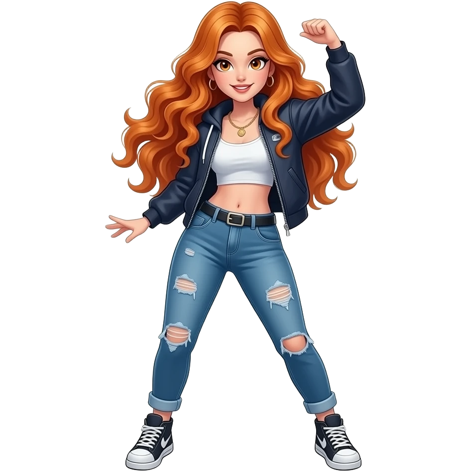 sexy girl with long wavy ginger hair and ginger eyes is wearing a hip hop outfit and is dancing, the full body is to seen emoji