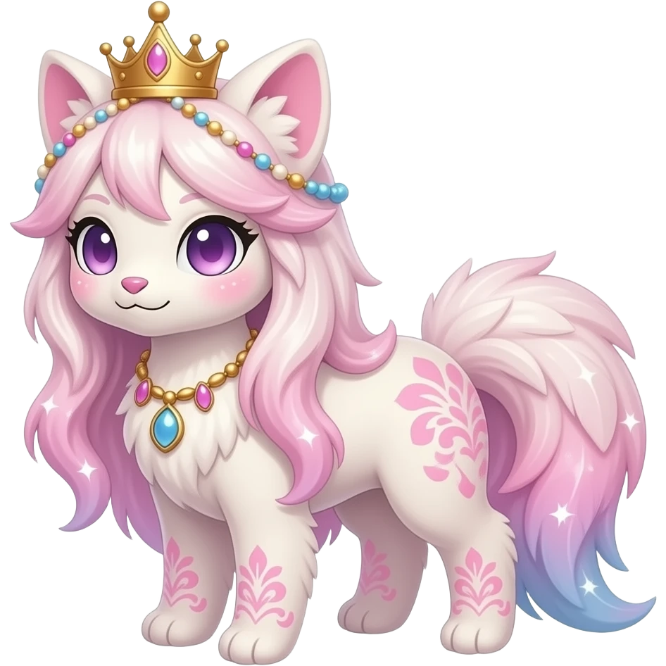 Fuzzy Royal feathery long-haired beaded mane cozy rosy aesthetic Rosy beautiful gorgeous pretty Petite shiny glossy sparkly romantic pastel damask Absol-Sylveon-Amaura-Aurorus-Espeon-Fakemon-hybrid with heart sparkle patterns emoji