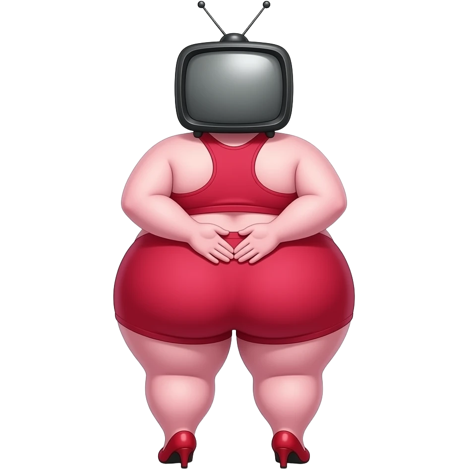 Wide Obese Anime shiny extremely curvy and fat big booty a pink skin and a and back of a red tv head female creature showing back her buttocks with putting her hands behind the wall with her yoga clothes red and big big big big big buttlocks with a tv head with small red heels emoji